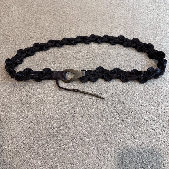 Leather Brown Hip Belt Boho Southwest Braided Swirl Brass Tone Hook Close Unique - Picture 2 of 8